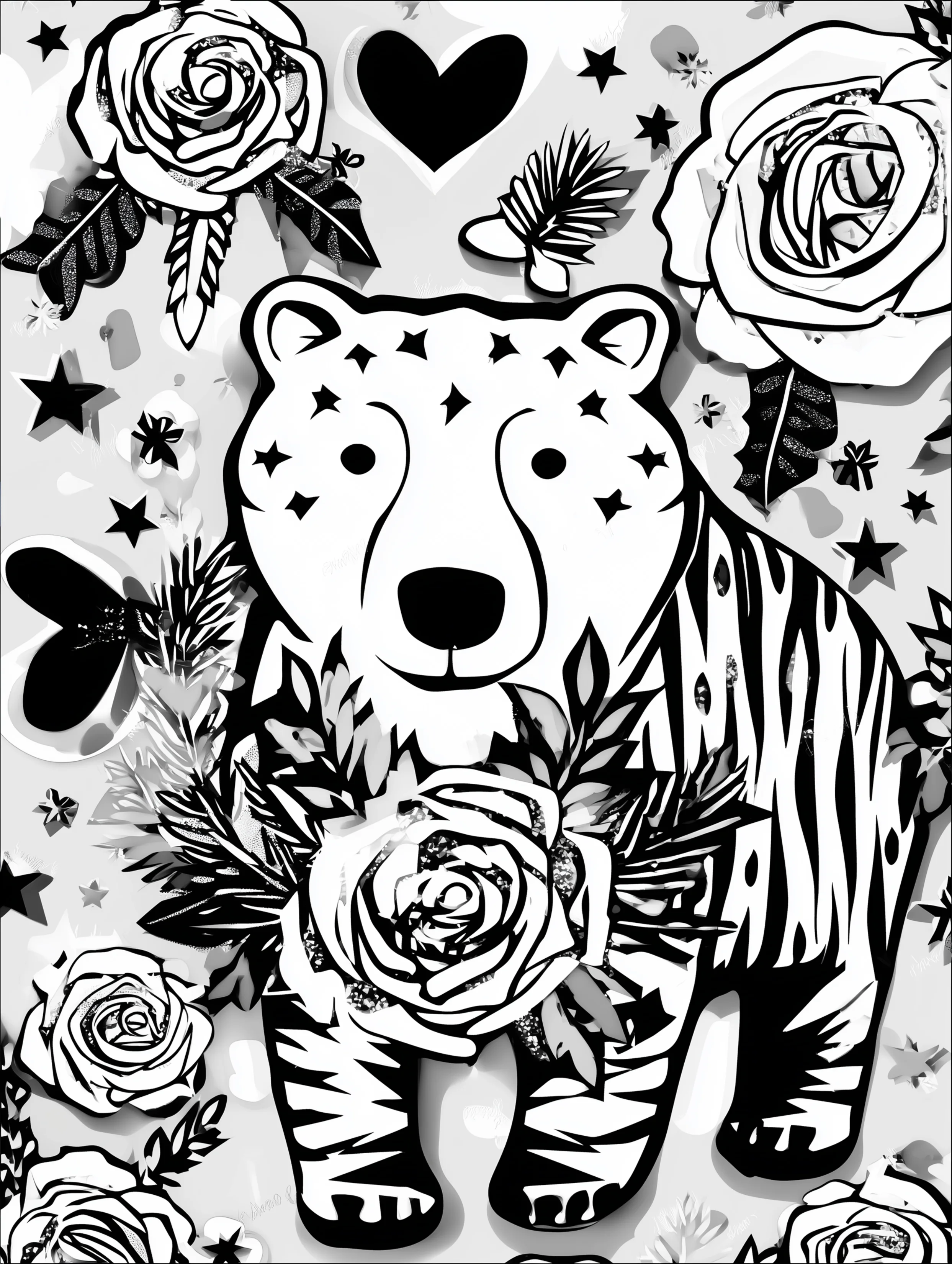 Free printable bear coloring book page featuring a bear carrying a rose